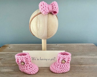 Baby Girl Reveal, Pregnancy Announcement, Grandparent, BOOTIES IN A BOX® Ribbed Cuffs with Wood Buttons, Bow Nylon Headband,  With Message