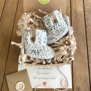 Pregnancy Reveal Booties, For Grandparents or New Daddy, BOOTIES IN A BOX®, Baby Reveal, Booties with Faux Leather Label, Baby Reveal Box image 2