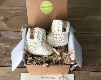 Grandparent Pregnancy Announcement,  BOOTIES IN A BOX®, Baby Reveal, Ribbed Cuffs with Faux Leather Label, Baby Booties,  Baby Reveal Box