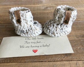 Pregnancy Reveal Booties, For Grandparents or New Daddy,  BOOTIES IN A BOX®, Baby Reveal, Booties with Faux Leather Label,  Baby Reveal Box