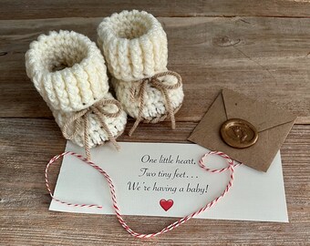 Grandparent Pregnancy Announcement, New Daddy Surprise, BOOTIES IN A BOX®, Baby Reveal, optional Puffy Heart,  Baby Booties