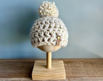 Baby Hat with Pom Pom for a Newborn,  Handmade with Chunky Yarn, Optional Faux Leather Tag, Fits 0-3 Months