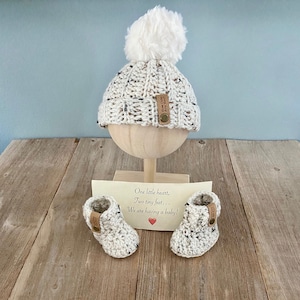 Pregnancy Announcement to Grandparents, Pregnancy Reveal Hat and Bootie Set, Hat and Bootie Set, Newborn Pompom Hat and Booties Set image 3