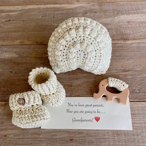 Grandparent Pregnancy Announcement, Baby Announcement, Rainbow Rattle, Natural Maple Elephant Teething Ring, Booties, All Natural Set image 1