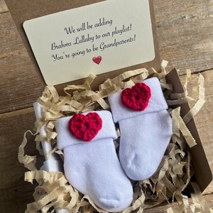 Pregnancy Reveal Baby Socks: Handmade Crochet Heart, Grandparent Announcement