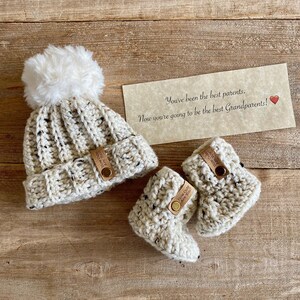 Pregnancy Announcement to Grandparents, Pregnancy Reveal Hat and Bootie Set, Hat and Bootie Set, Newborn Pompom Hat and Booties Set image 2