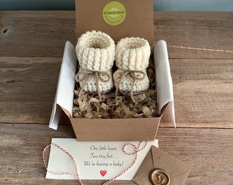 Pregnancy Announcement, For New Daddy or Grandparents, BOOTIES IN A BOX®, Baby Reveal, optional Puffy Heart,  Baby Booties