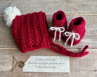 Baby Hat, Pixie Bonnet and Bootie Set, Chunky Yarn, Perfect for Pregnancy Announcement to Grandparents, Shower Gift, Newborn Gift