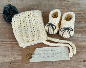 Baby Hat, Pixie Bonnet and Bootie Set, Chunky Yarn, Perfect for Pregnancy Announcement to Grandparents, Shower Gift, Newborn Gift