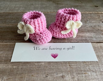 Booties with Bows, Baby Girl Reveal, Pregnancy Announcement, Grandparent, BOOTIES IN A BOX® Ribbed Cuffs with Bows
