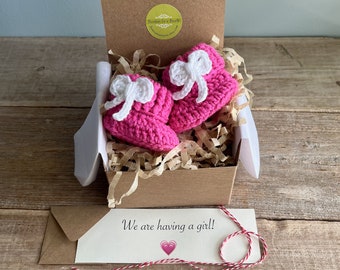 Booties with Bows for Baby Girl Reveal, Pregnancy Announcement, Grandparent, BOOTIES IN A BOX® Ribbed Cuffs with Bows