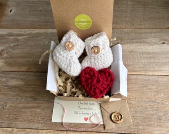 Baby Announcement Gift Box Set, Grandparent Pregnancy Reveal,BOOTIES IN A BOX®, Baby Reveal, Booties and Puffy Heart, Booties,