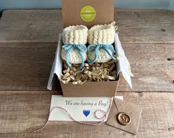 We Are Having a Boy, Booties with Blue Cord Bow,  Grandparent Pregnancy Announcement, Baby Boy Reveal,  BOOTIES IN A BOX®,
