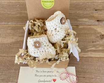 Grandparent Pregnancy Announcement,  BOOTIES IN A BOX®, Baby Reveal, Baby Booties,  Baby Reveal Box