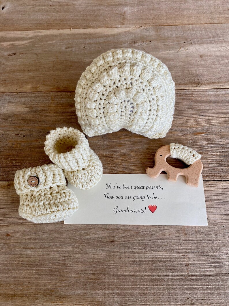 Grandparent Pregnancy Announcement, Baby Announcement, Rainbow Rattle, Natural Maple Elephant Teething Ring, Booties, All Natural Set image 1