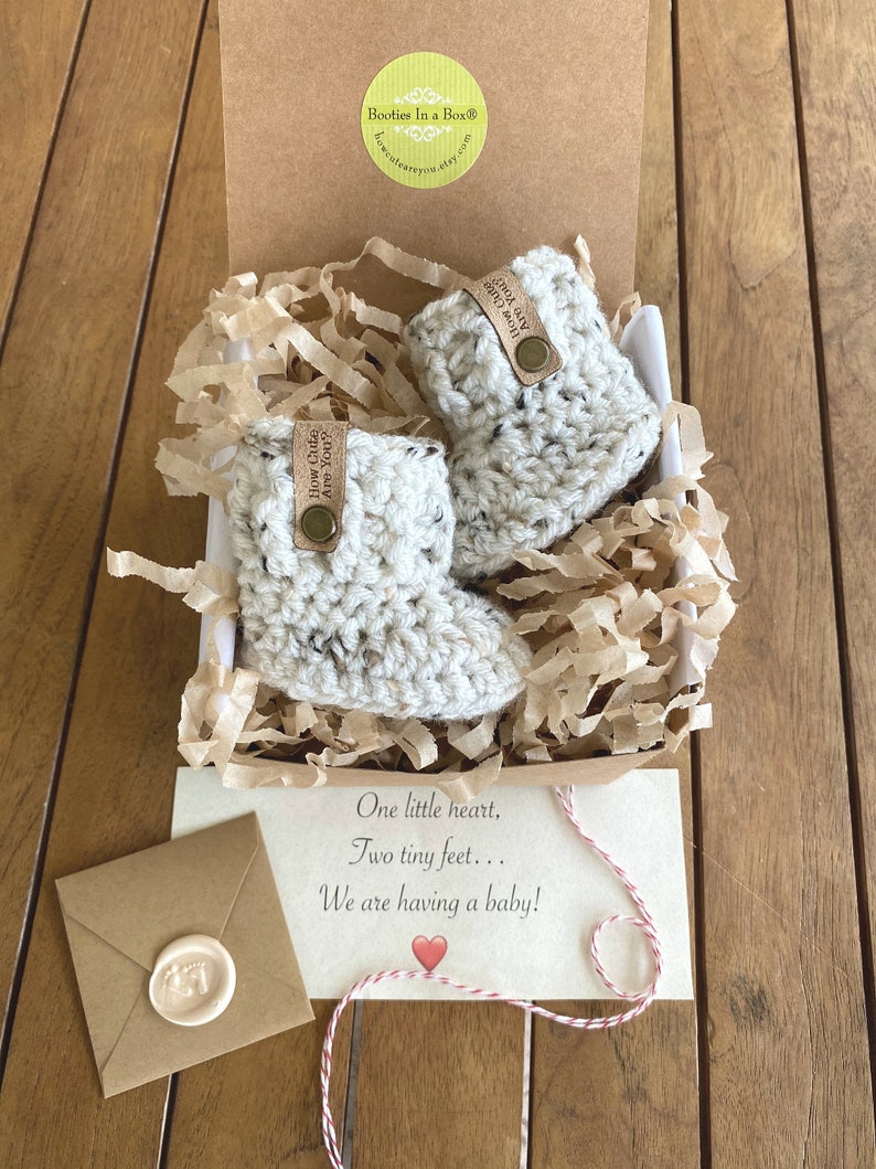 Pregnancy Reveal Booties, For Grandparents or New Daddy, BOOTIES IN A BOX®, Baby Reveal, Booties with Faux Leather Label, Baby Reveal Box image 2