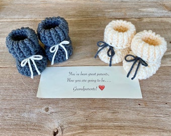 Pregnancy Announcement, Grandparents, Aunt,  BOOTIES IN A BOX®, Baby Reveal, Ribbed Cuffs with  Wood Buttons, Baby Booties,  Baby Reveal Box