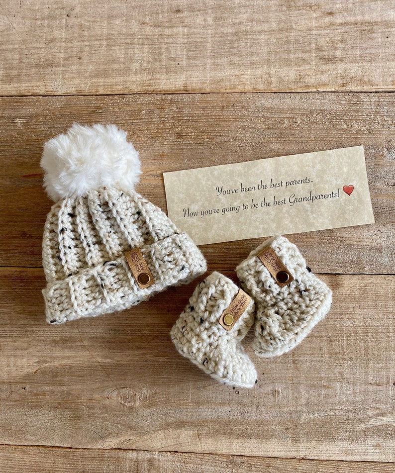 Pregnancy Announcement to Grandparents, Pregnancy Reveal Hat and Bootie Set, Hat and Bootie Set, Newborn Pompom Hat and Booties Set image 2