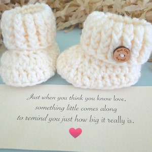 Grandparent Pregnancy Announcement, BOOTIES IN A BOX®, Baby Reveal, Ribbed Cuffs with Wood Buttons, Baby Booties, Baby Reveal Box image 6