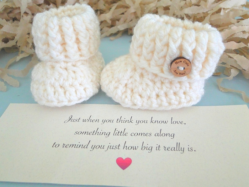 Grandparent Pregnancy Announcement, BOOTIES IN A BOX®, Baby Reveal, Ribbed Cuffs with Wood Buttons, Baby Booties, Baby Reveal Box image 6