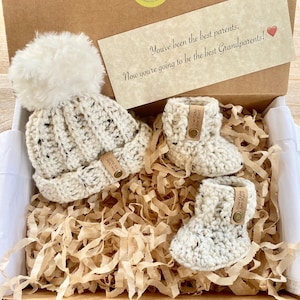 Pregnancy Announcement to Grandparents, Pregnancy Reveal Hat and Bootie Set, Hat and Bootie Set, Newborn Pompom Hat and Booties Set image 1