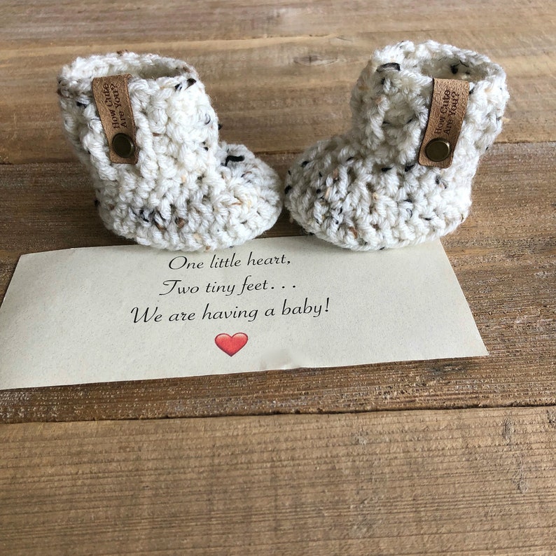 Pregnancy Reveal Booties, For Grandparents or New Daddy, BOOTIES IN A BOX®, Baby Reveal, Booties with Faux Leather Label, Baby Reveal Box image 3