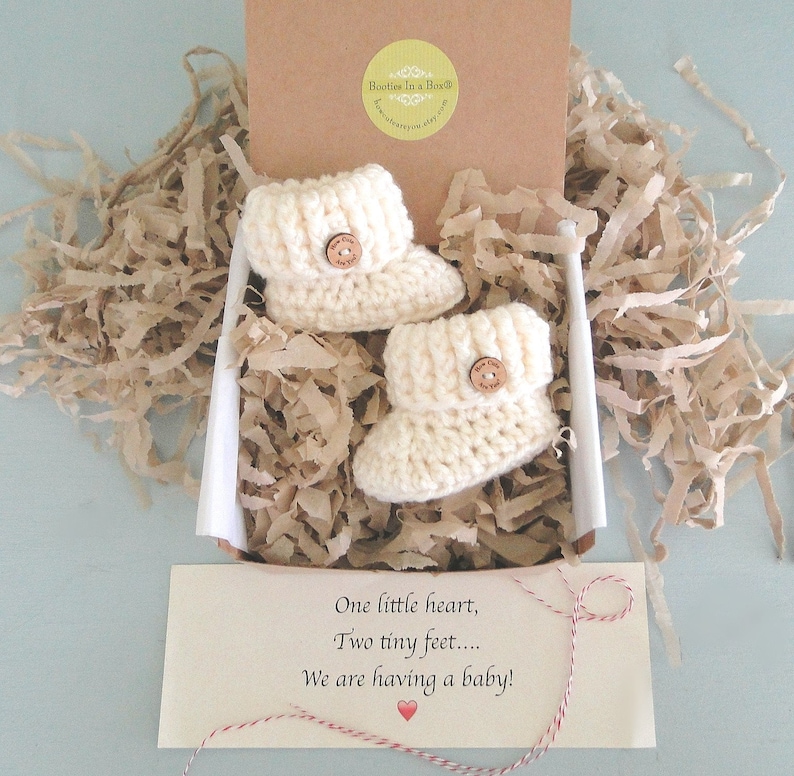 Grandparent Pregnancy Announcement, BOOTIES IN A BOX®, Baby Reveal, Ribbed Cuffs with Wood Buttons, Baby Booties, Baby Reveal Box image 1