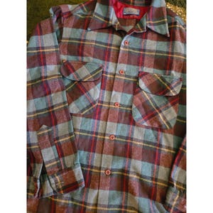 Vintage Pendleton Wool Board Shirt Blue Burgundy Plaid Flannel Mens M Made USA image 4