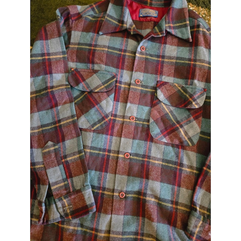 Vintage Pendleton Wool Board Shirt Blue Burgundy Plaid Flannel Mens M Made USA image 4