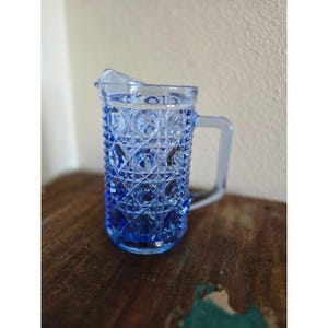 Vintage Blue Pressed Federal Glass Pitcher Diamond Point Thumbprint pint 6 inch