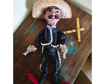 Vintage Mexican Marionette Puppet Charro Vaquero Sombrero Dual Pistols Folk Art