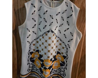 Vintage 70s Sleeveless Top Floral Print Textured Polyester Double Knit Tank XL