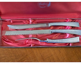 Carvel Hall 3-Piece Carving Knife Fork Set Stainless Silver Tone in Box Vintage