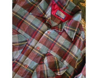 Vintage Pendleton Wool Board Shirt Blue Burgundy Plaid Flannel Mens M Made USA