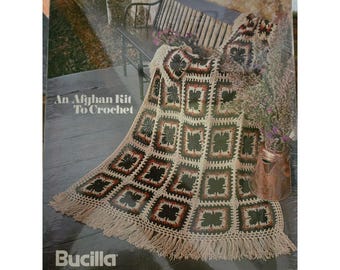 Vintage Bucilla Floral Tiles Crochet Afghan Kit 7932 Earth Tones 43x73 Open