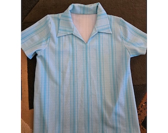 Vintage Knit Mod Top Collared Blouse Light Blue Women's Double Polyester S/M