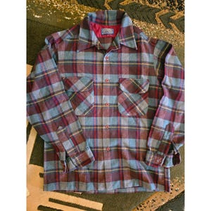 Vintage Pendleton Wool Board Shirt Blue Burgundy Plaid Flannel Mens M Made USA image 2