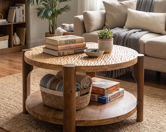 Round Carved Wood Coffee Table | 2-Tier Mid Century Modern Living Room Storage Shelf