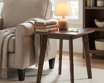Solid Rubber Wood Side Table | Walnut Mid-Century Nightstand | Living Room Decor