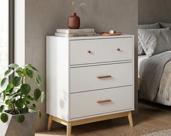Nordic White 3-Drawer Dresser | Rose Gold Handles, Solid Wood Legs, Nursery Storage