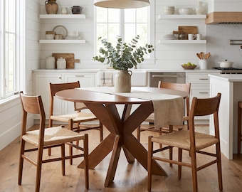 Round Cherry Dining Table | 46" Farmhouse Kitchen Table, X-Base Pedestal