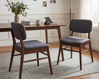 Set of 2 Mid-Century Upholstered Dining Chairs | Walnut Rubberwood, Charcoal Fabric (300 LB Capacity)