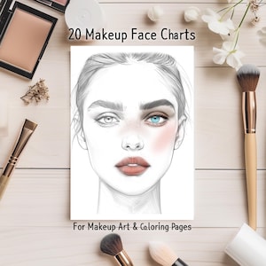 May include: A makeup face chart with a detailed pencil sketch of a woman's face, partially colored with makeup. The chart is labeled "20 Makeup Face Charts" and "For Makeup Art & Coloring Pages". Makeup brushes and products surround the chart.