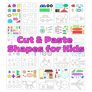 May include: A selection of colourful cut-and-paste shape and letter activities for children. The image shows various shapes, letters, and simple illustrations of objects like cars, houses, and animals. Text on the image reads "Cut & Paste Shapes for Kids."