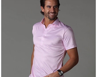 Collars & Co Mens Pink Gingham Semi-Spread Dress Collar Polo Shirt Medium