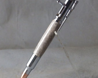 Bolt action pen with whitetail antler barrel with antler bark