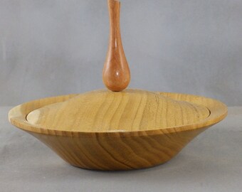 Lidded wooden jewelry dish, bowl turned from mulberry with cherry finial to keep rings or wristwatch on nightstand
