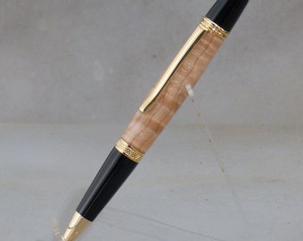 Curly Maple Ball Point Pen with 24k Gold Plating | Elegant Wooden Ball Point Pen | Fiddleback Maple Wood Pen