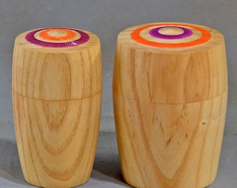 Pair of Lidded Ash Wooden boxes With Painted Textured Rings on Lids