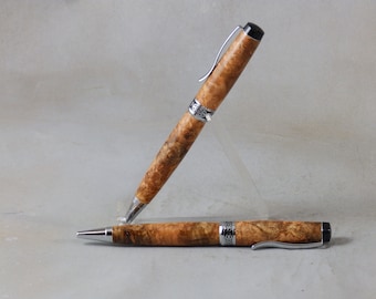 Gorgeous Chechen Burl Pen and Pencil Set - Beautiful Rare Wooden Figure - Chrome Hardware